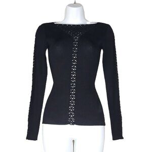 Cache Black Ribbed Crochet Top Fitted Long Sleeve S Whimsigoth Punk Y2K